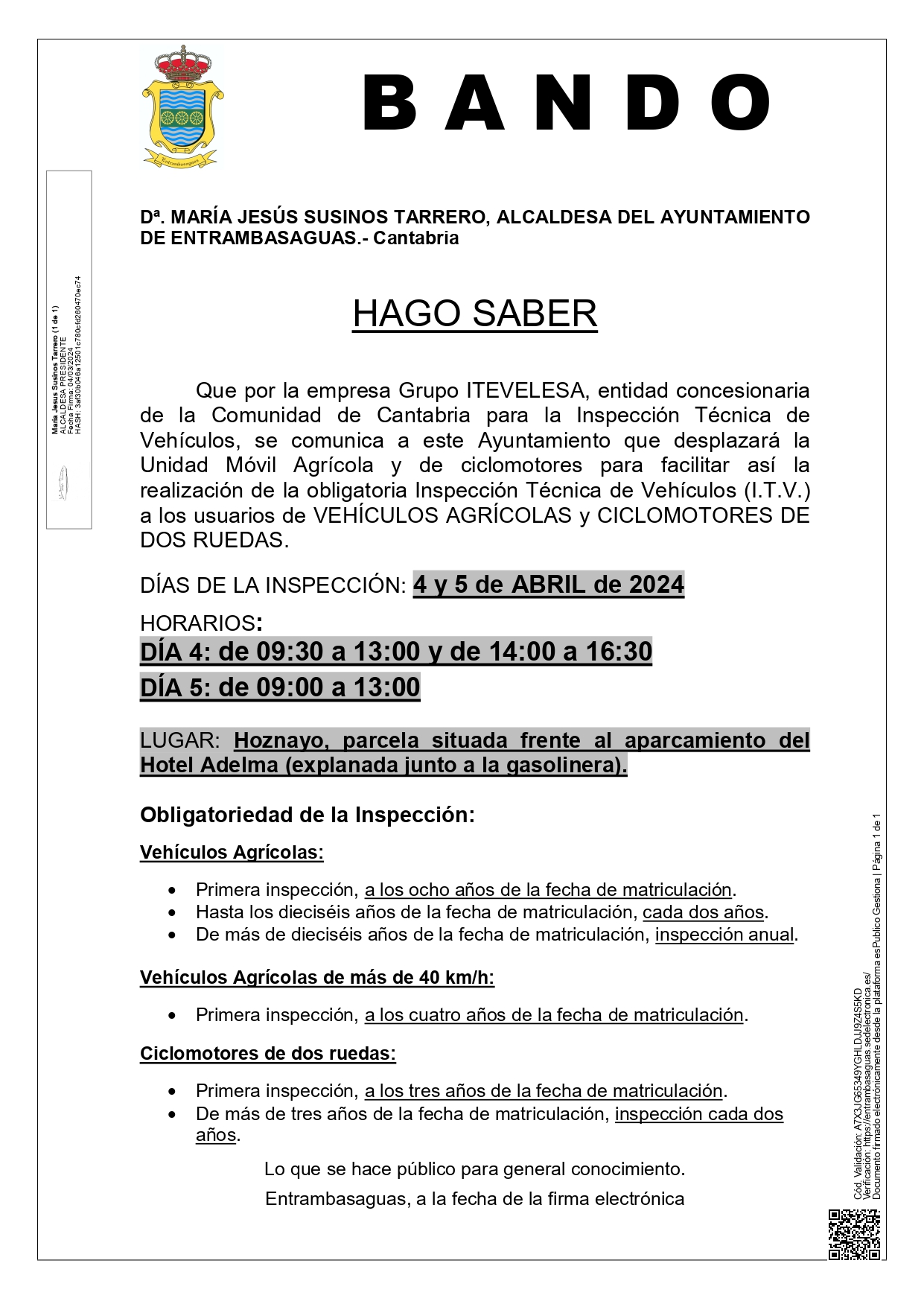 BANDO. Inspección Técnica de Vehículos (I.T.V.) a los usuarios de VEHÍCULOS AGRÍCOLAS y CICLOMOTORES DE DOS RUEDAS.