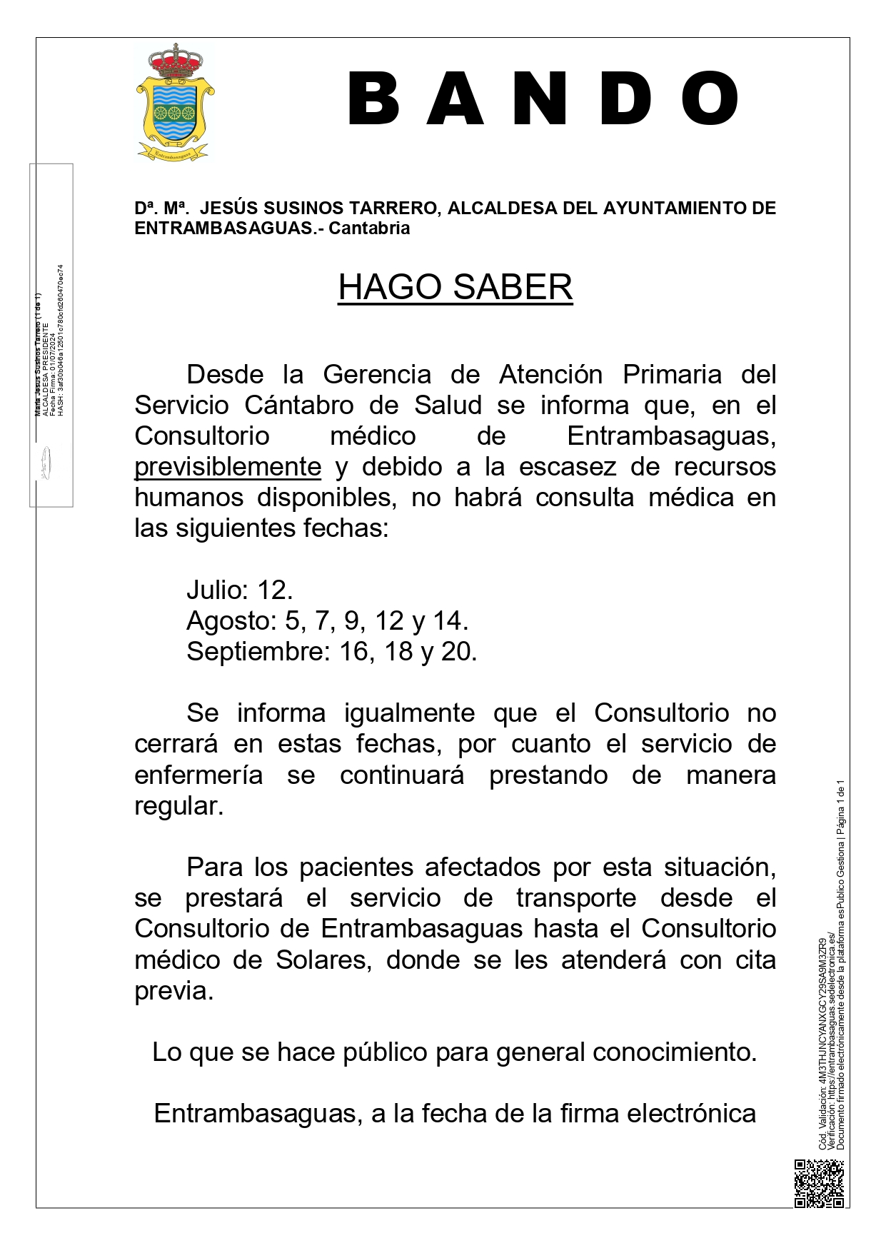 BANDO, Fechas en las que no habrá consulta médica en el Consultorio médico de Entrambasaguas este verano.