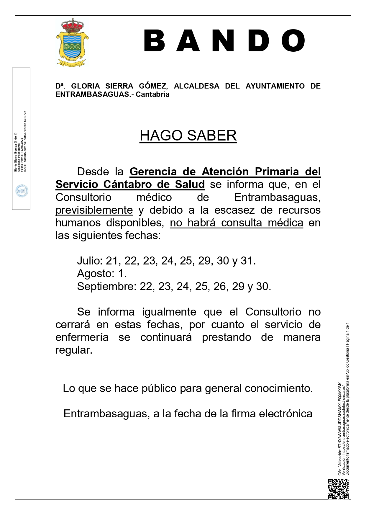 BANDO, Fechas en las que no habrá consulta médica en el Consultorio médico de Entrambasaguas este verano.