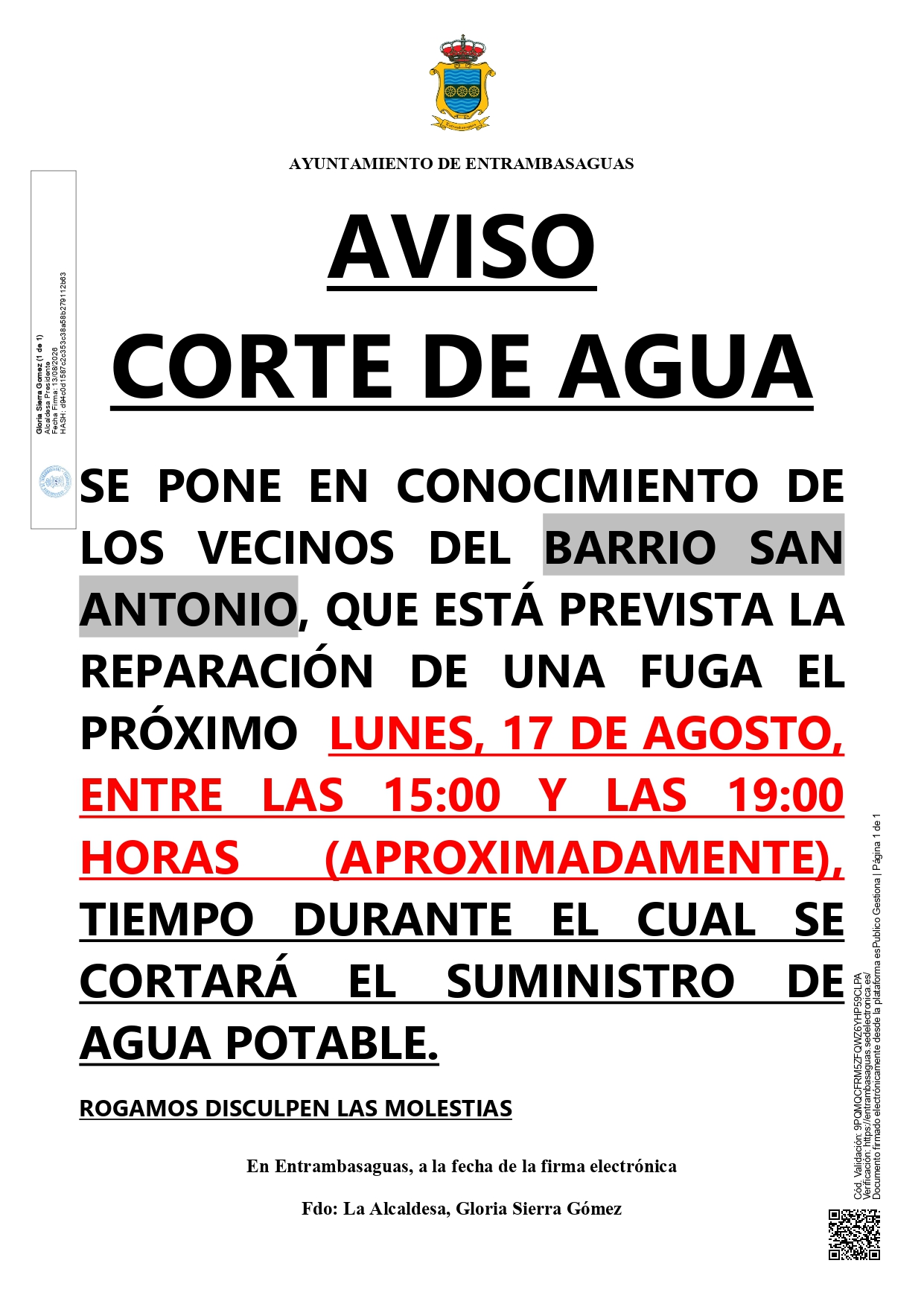 AVISO. Corte de agua en el barrio San Antonio.