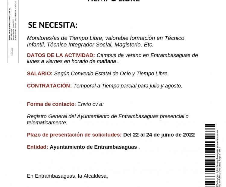 Cartel monitores tiempo libre