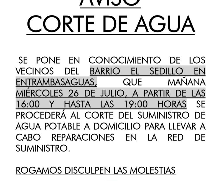 AVISO, Corte de agua en Barrio El Sedillo de Entrambasaguas.