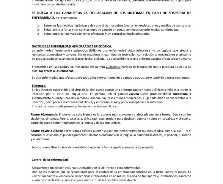 Nota informativa de la Dirección General de Ganadería referente a la situación actual de la enfermedad hemorrágica epizoótica.