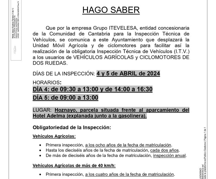 BANDO. Inspección Técnica de Vehículos (I.T.V.) a los usuarios de VEHÍCULOS AGRÍCOLAS y CICLOMOTORES DE DOS RUEDAS.