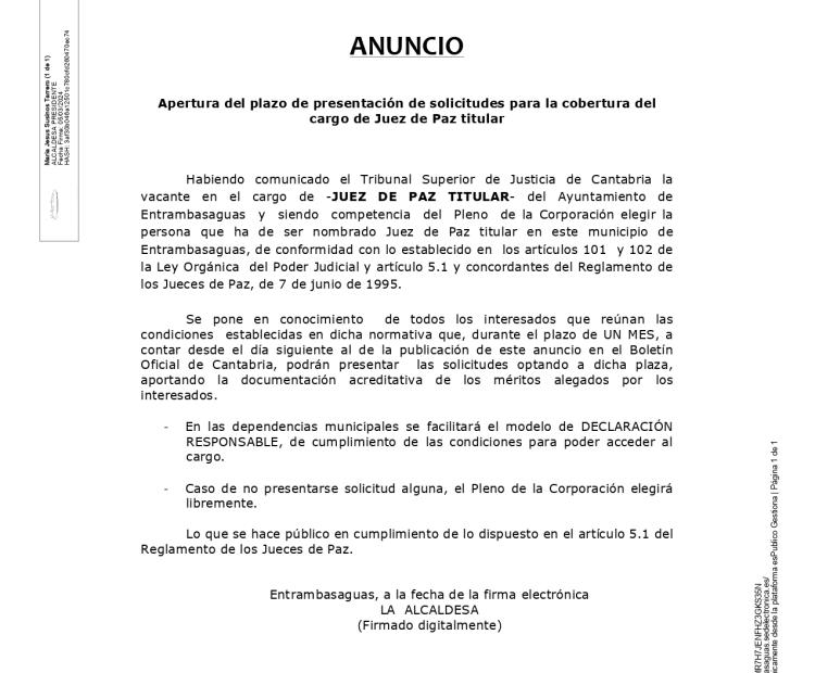 Apertura del plazo de presentación de solicitudes para la cobertura del cargo de Juez de Paz titular