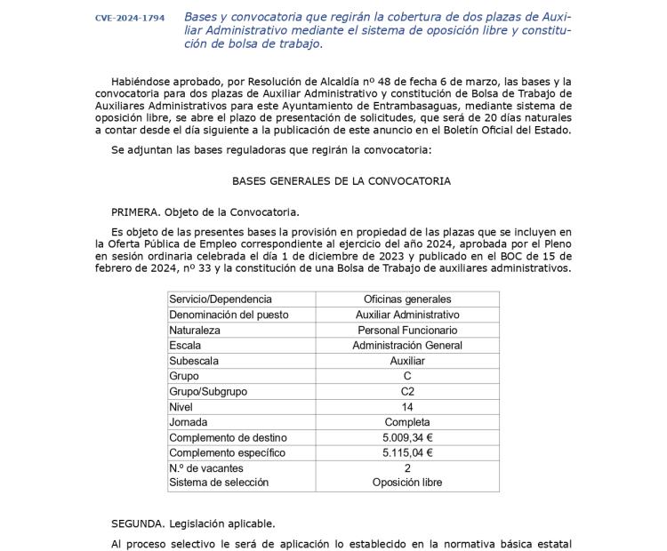 Bases y convocatoria que regirán la cobertura de dos plazas de Auxiliar Administrativo mediante el sistema de oposición libre y constitución de bolsa de trabajo.