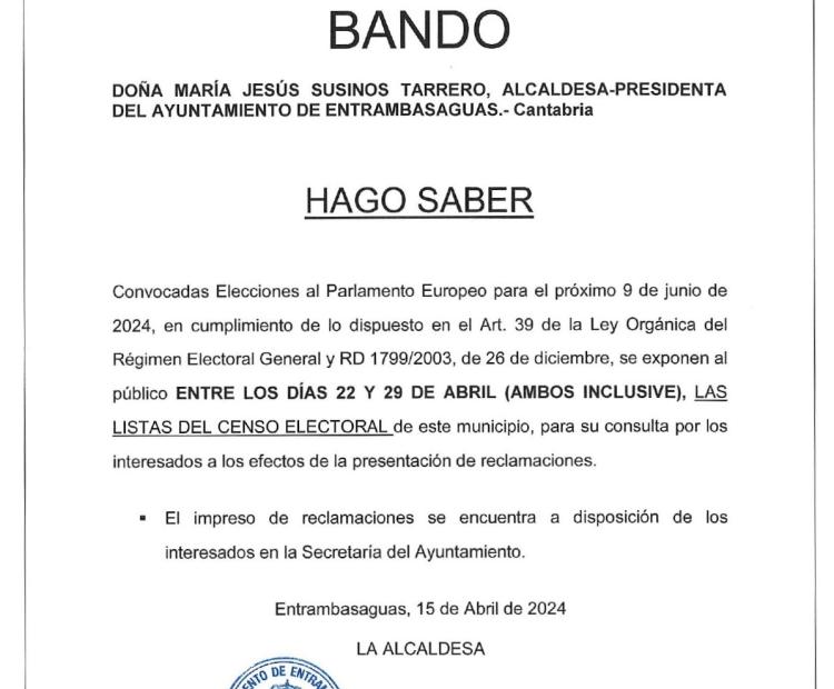 Bando. Exposición censo electoral Elecciones al Parlamento Europeo.