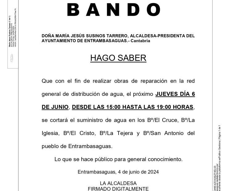 AVISO, Corte de agua en Barrios El Cruce, La Iglesia, El Cristo, La Tejera y San Antonio de Entrambasaguas.