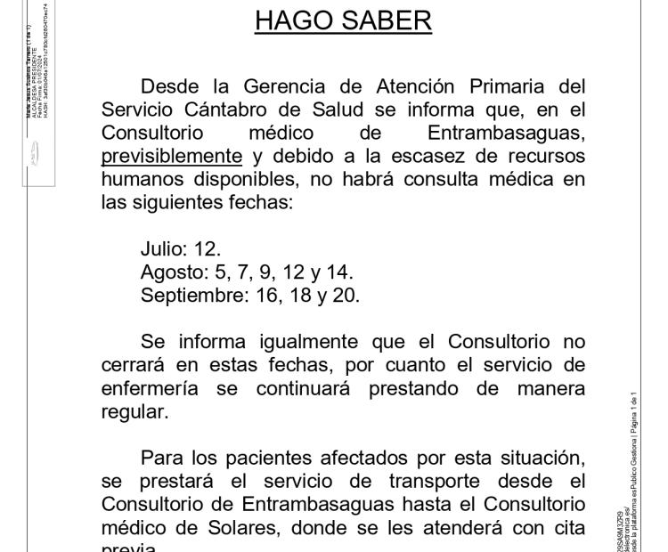 BANDO, Fechas en las que no habrá consulta médica en el Consultorio médico de Entrambasaguas este verano.