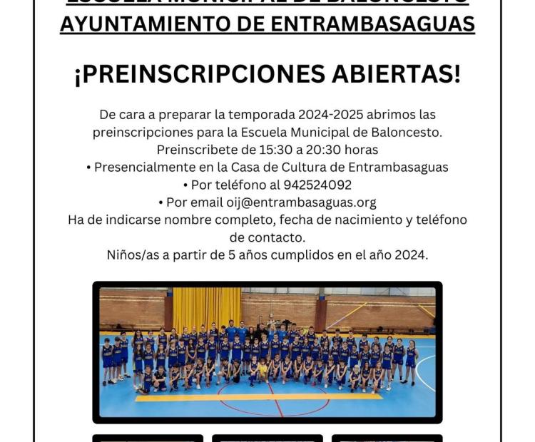 Preinscripciones abiertas Escuela Municipal de Baloncesto, temporada 2024-2025.
