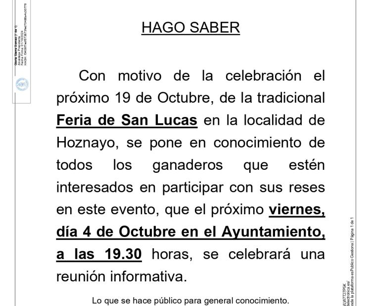 BANDO. Reunión informativa para los ganaderos interesados en participar en la Feria de San Lucas.