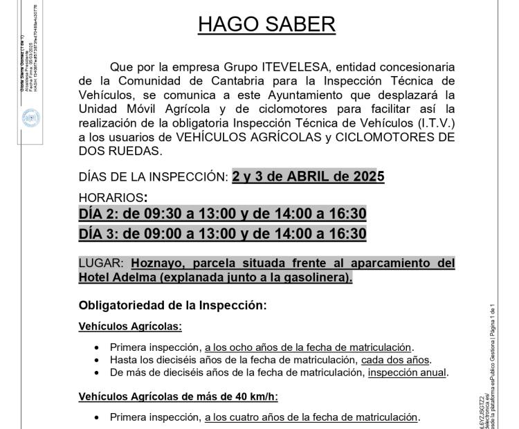 BANDO. Inspección Técnica de Vehículos (I.T.V.) a los usuarios de VEHÍCULOS AGRÍCOLAS y CICLOMOTORES DE DOS RUEDAS.