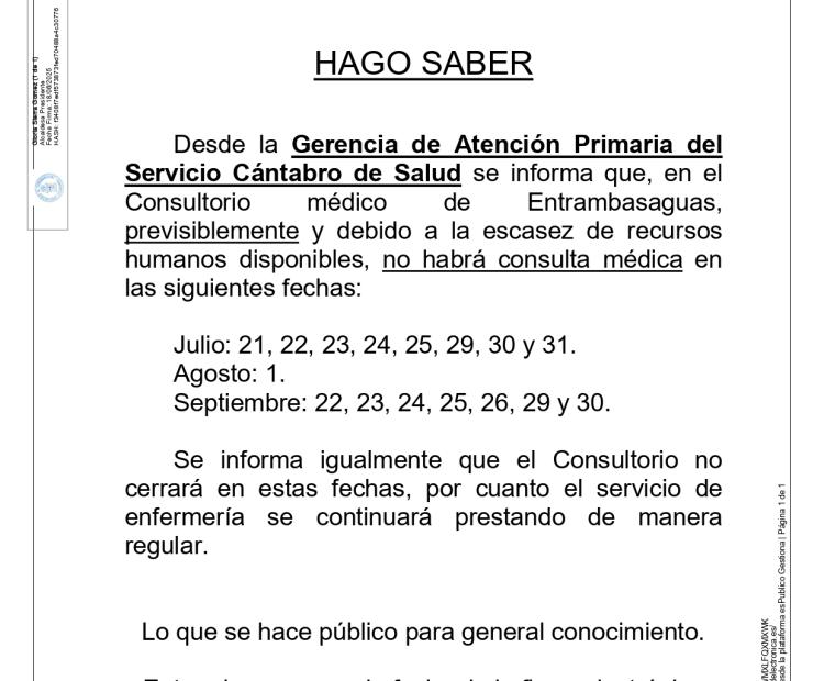 BANDO, Fechas en las que no habrá consulta médica en el Consultorio médico de Entrambasaguas este verano.