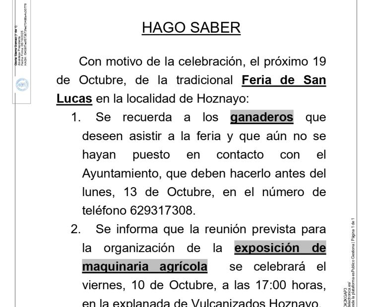 BANDO. Información para ganaderos y representantes de maquinaria agrícola interesados en participar en la Feria de San Lucas.