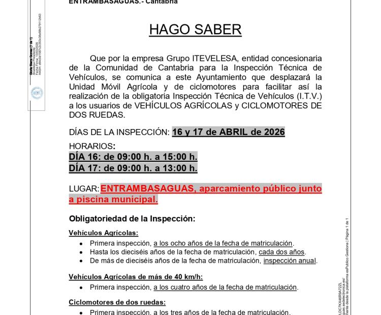 BANDO. Inspección Técnica de Vehículos (I.T.V.) a los usuarios de VEHÍCULOS AGRÍCOLAS y CICLOMOTORES DE DOS RUEDAS.