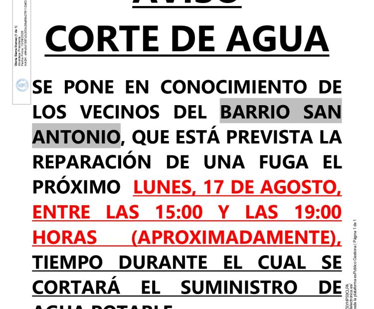 AVISO. Corte de agua en el barrio San Antonio.