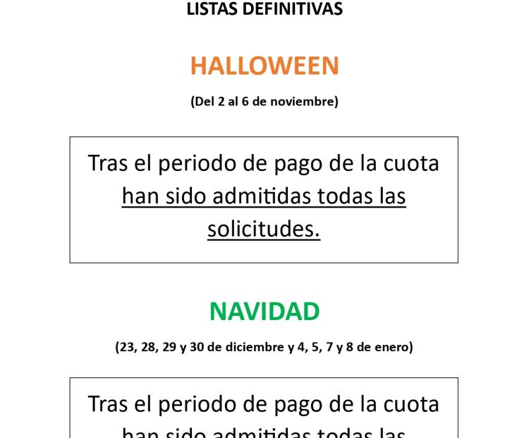 Listas definitivas de admitidos, ludotecas en periodos no lectivos 2026